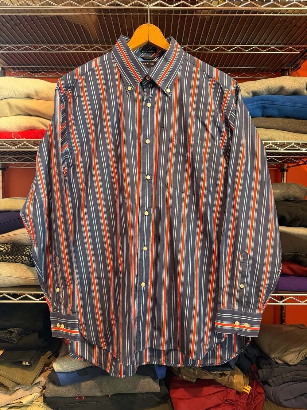 Tommy Hilfiger Vintage 80s 2 Ply Fabric Striped Long Sleeve Button Up Shirt L/G